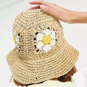 Crochet Straw Bucket Hat With Flower